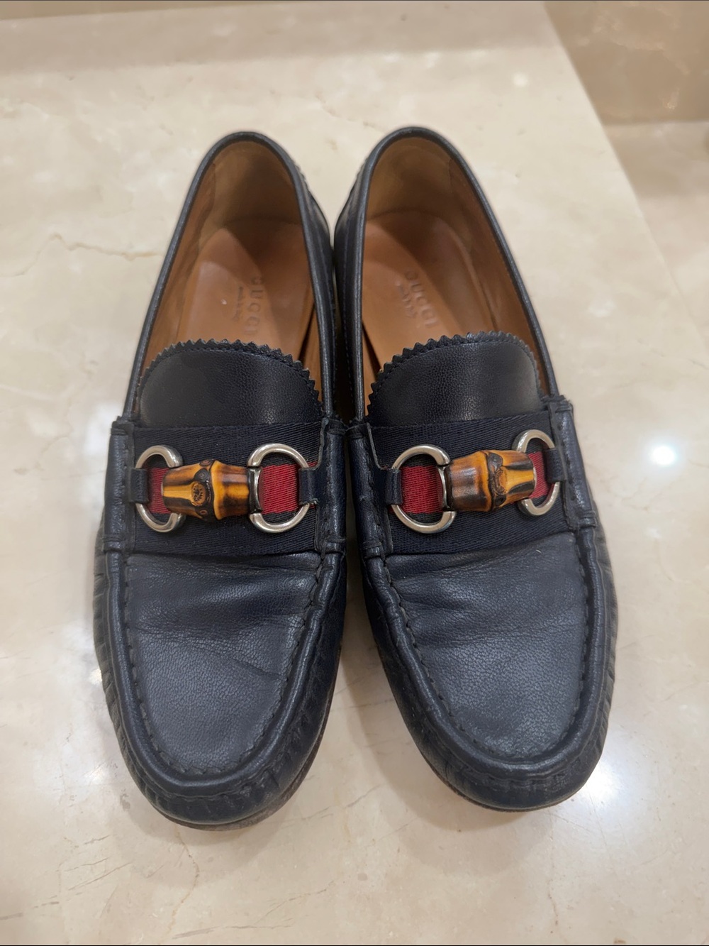 Gucci Navy Leather Women’s Loafers with Bamboo Accent